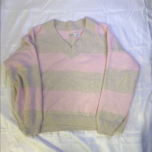 Striped V-Neck Sweater - Pink and Gray